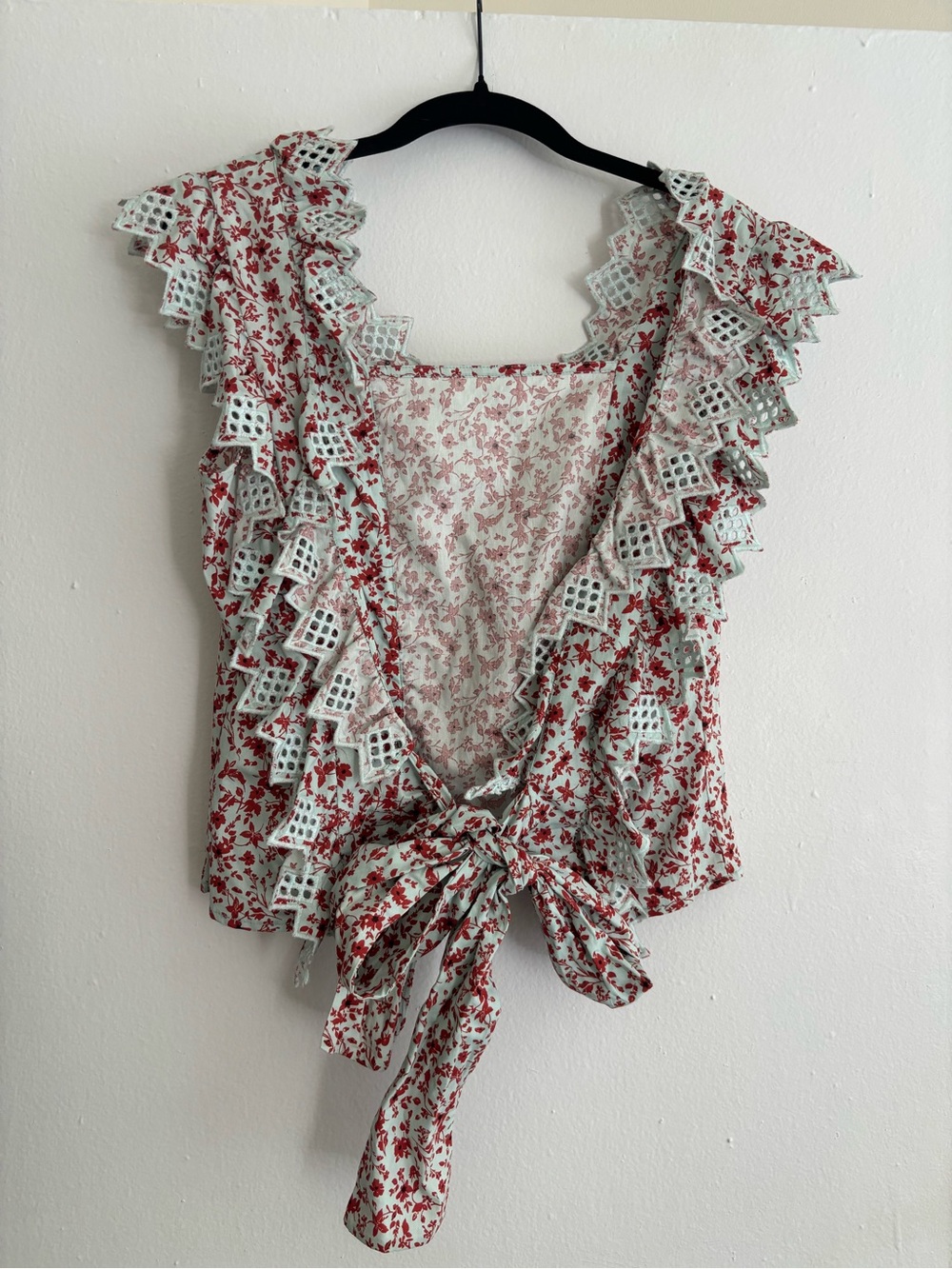 Anthropologie Floral Ruffle Lace-Trim Top - Blue with Red Floral